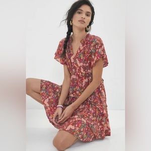 ANTHROPOLOGIE Robin Floral Ruffles Spliced Neck Tiered Mini Dress Size Small